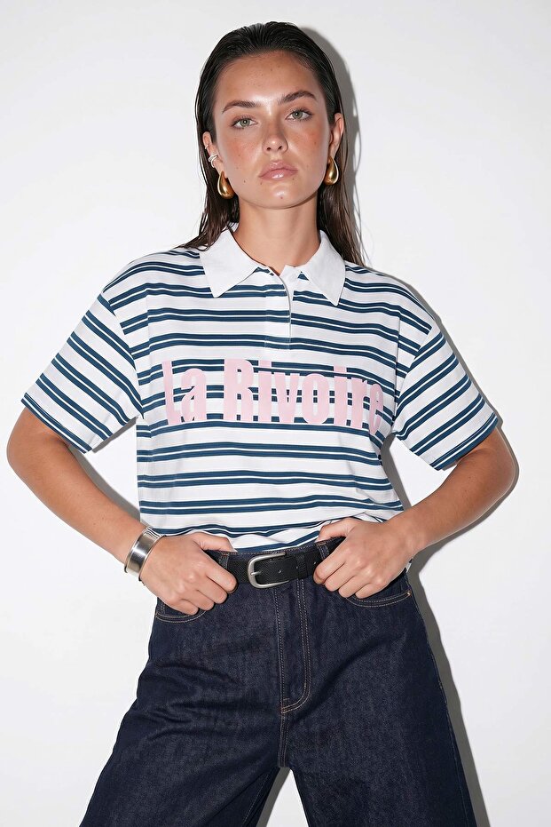 Ekru Mavi Çizgili Polo Yaka Baskılı T-Shirt TDRSS26TS00027 - 2