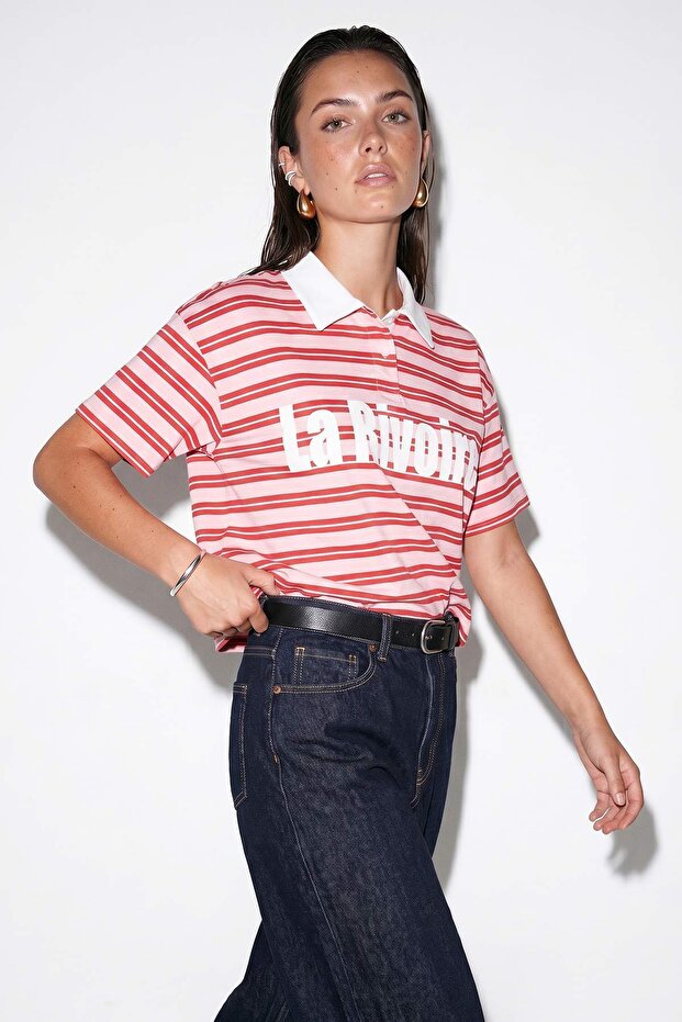 Pembe Kırmızı Çizgili Polo Yaka Baskılı T-Shirt TDRSS26TS00027 - 2