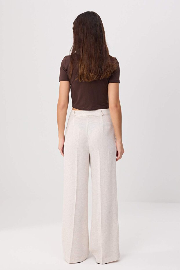 Bej Nervürlü Wide Leg/Geniş Paça Pamuk Keten Dokuma Pantolon TWOSS24PL00062 - 4
