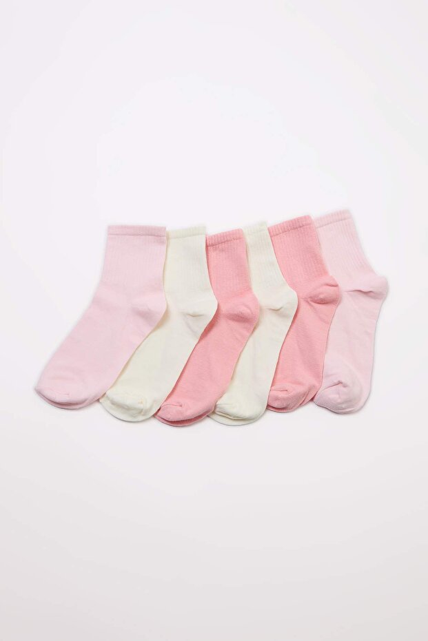 Ekru-Pembe 6'lı Pamuklu Düz Jakar Örme Çorap THMAW24CO00022 - 2