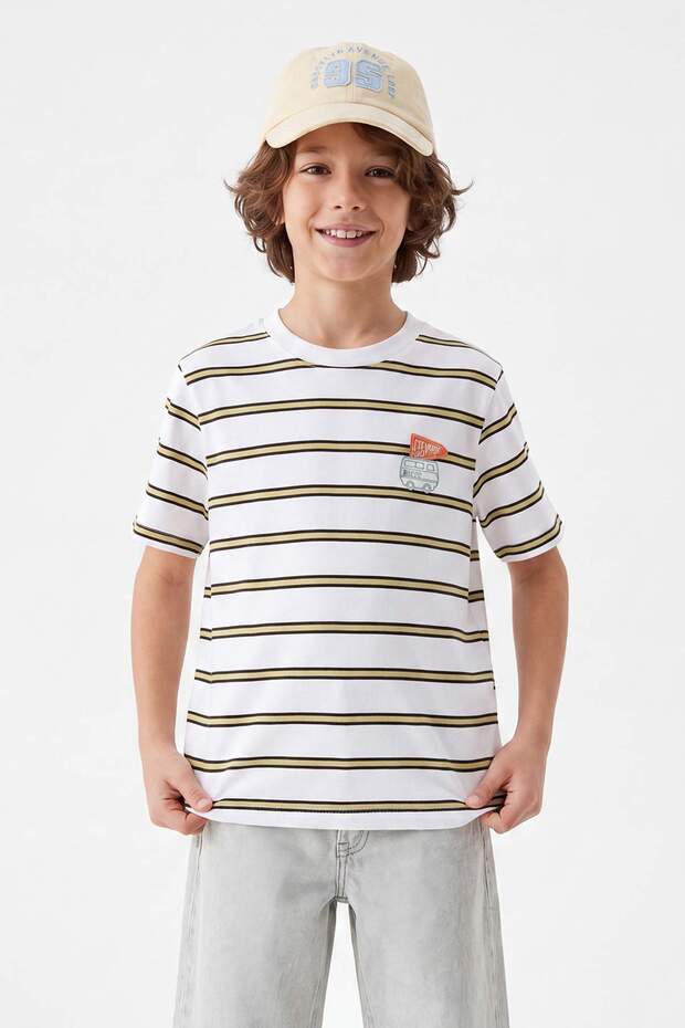 Taş-Ekru Çizgili Örme T-Shirt TKDSS26TS00025 - 3