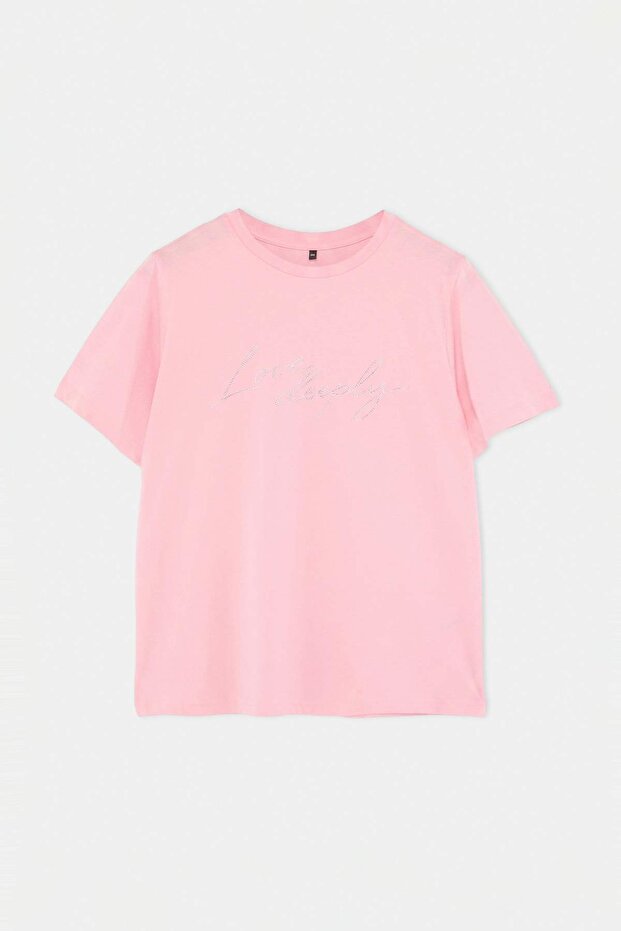 Pembe Bisiklet Yaka Taş Baskılı Örme Büyük Beden T-shirt TBBSS26BF00051 - 1
