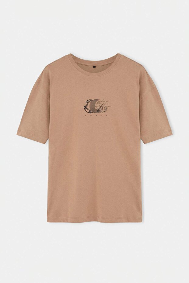 Koyu Vizon Oversize/Geniş Kesim Baskılı %100 Pamuk T-Shirt TMNSS23TS00261 - 4