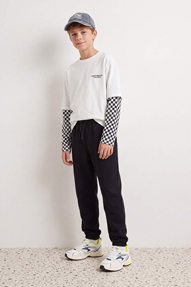 Black Plain/Basic Boys' Jogger Thick Non-Embossed Knitted Sweatpants Tkdaw27Ea00010