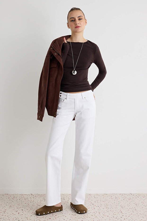 Beyaz %100 Pamuk Kemer Detaylı Düşük Bel Wide Leg Jeans TWOAW27JE00063