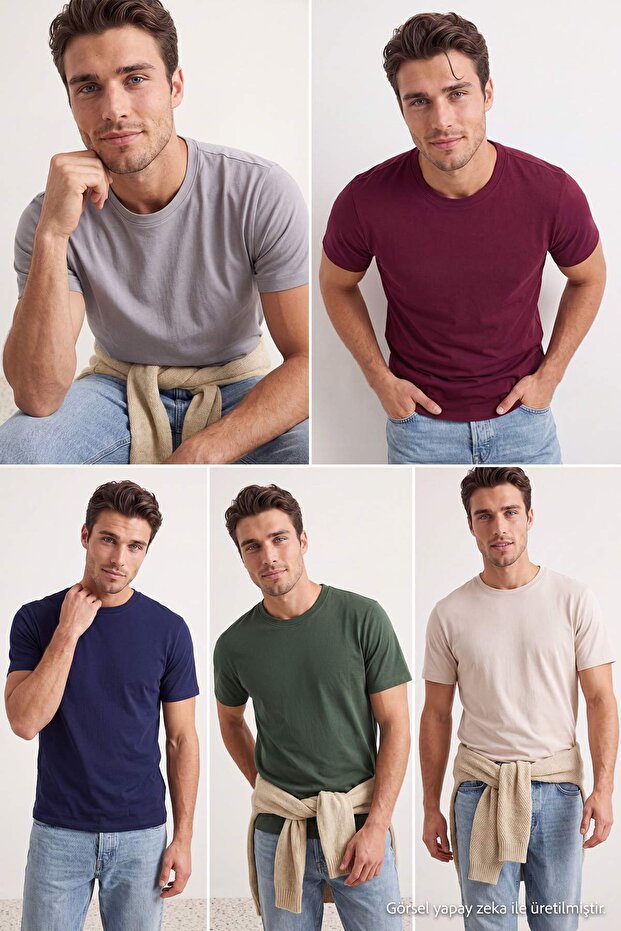 Gri-Lacivert-Taş-Bordo-Haki 5'li Paket Regular Fit Basic %100 Pamuklu T-ShirtTMNSS24TS00082
