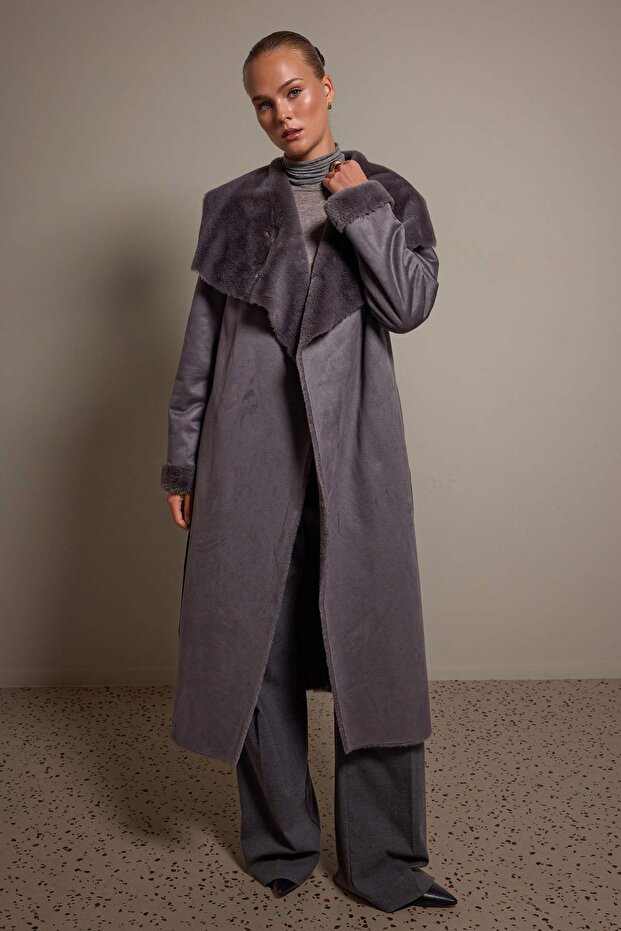 Gray Suede Fur Inside Oversize Long Coat Twoaw27Kb00014