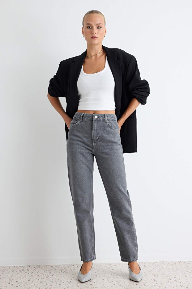 Gri Yüksek Bel Mom %100 Pamuk Non-Stretch Jeans TWOAW24JE00076 - 1