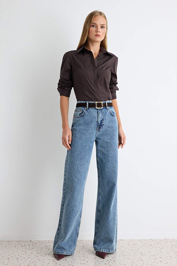 Mavi Kemerli Yüksek Bel Wide Leg Jeans TWOAW26JE00274 - 1