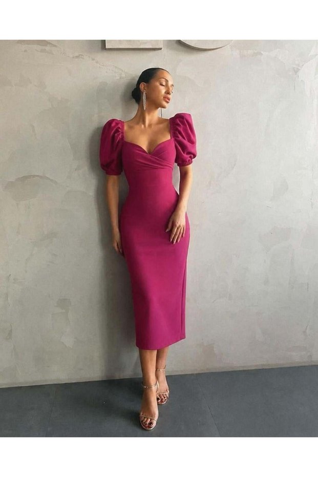 Heart-Shaped Neckline, Back Slit, Balloon Sleeve Dress, Fuchsia 582866