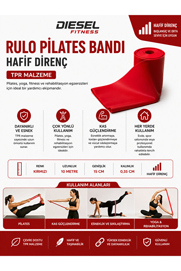 Fitness Roller Pilates Band Light Resistance Red Tpr Exercise Band 10 Meters