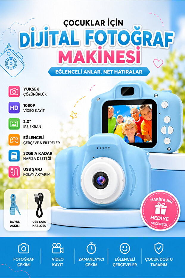 İTHALCİM Dijital Fotoğraf Makinesi Çocuk Mini 1080p Hd Kamera Selfie