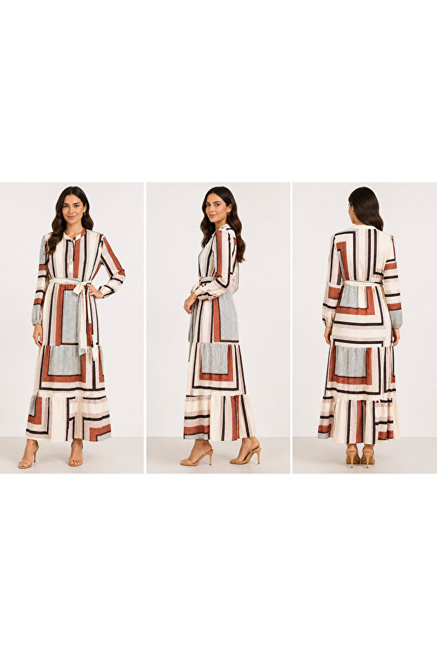 White Geometric Block Print Tiered Casual Dress