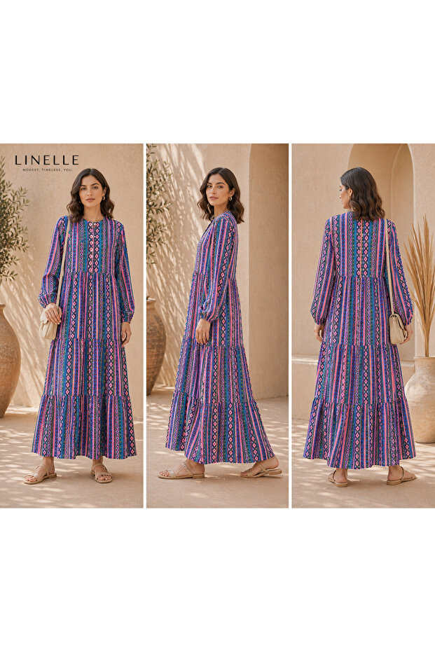 Blue Ikat-Inspired Geometric Stripe Tiered Casual Dress