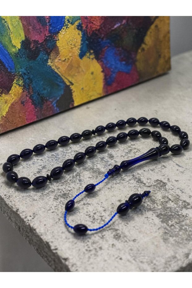 Handcrafted Barley Cut Powdered Amber Prayer Beads Navy Blue Rosary