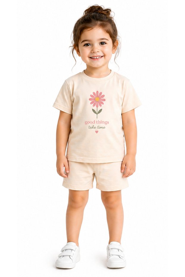 Girl's Shorts T-Shirt Set Beige Cotton Daisy Printed