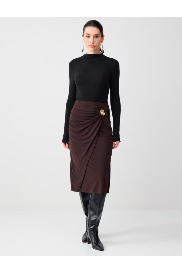 Bitter Brown Metal Detailed High Waist Knitted Midi Skirt