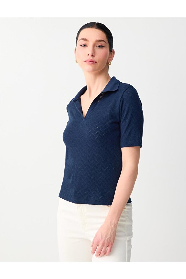 Navy Blue Short Sleeve Polo Collar Jacquard Knitted Blouse