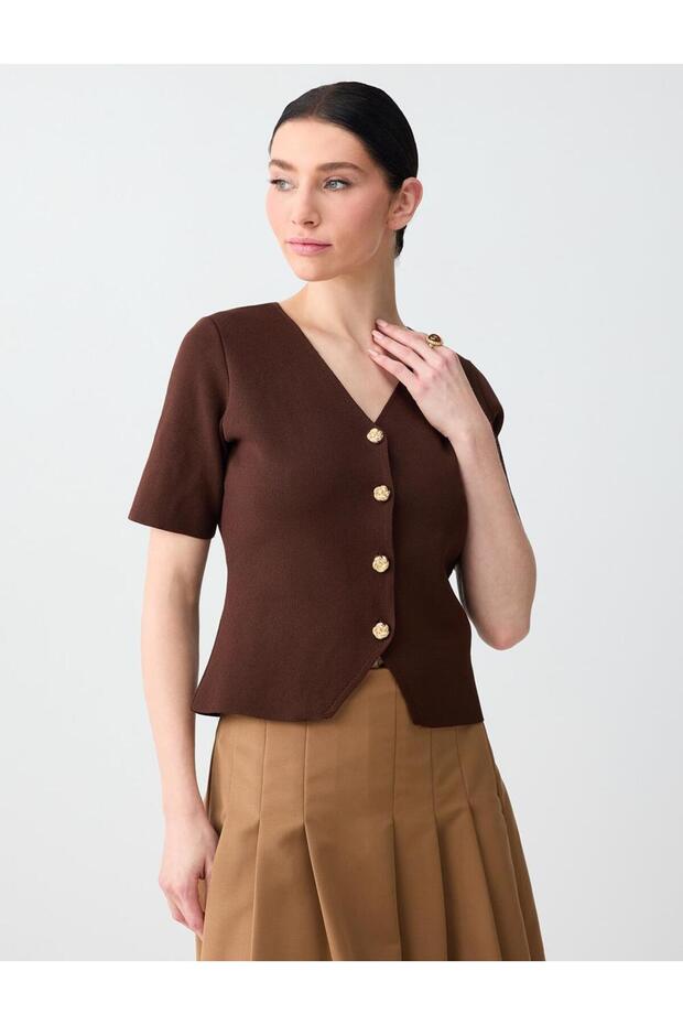 Bitter Brown Shiny Button Detailed Short Sleeve Knitwear Vest