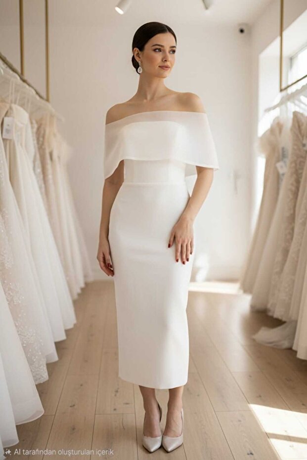 Strapless Madonna Collar Midi Wedding Dress with Slit Pencil Evening Dress with Crepe Fabric Lining Stylish
