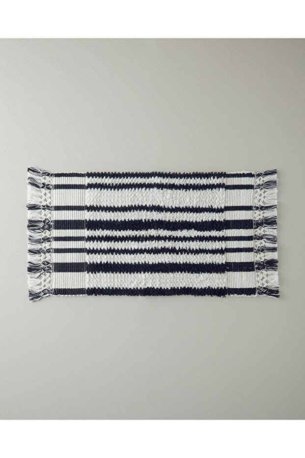 Bohemian Line Cotton Fringed Bath Mat Black - White