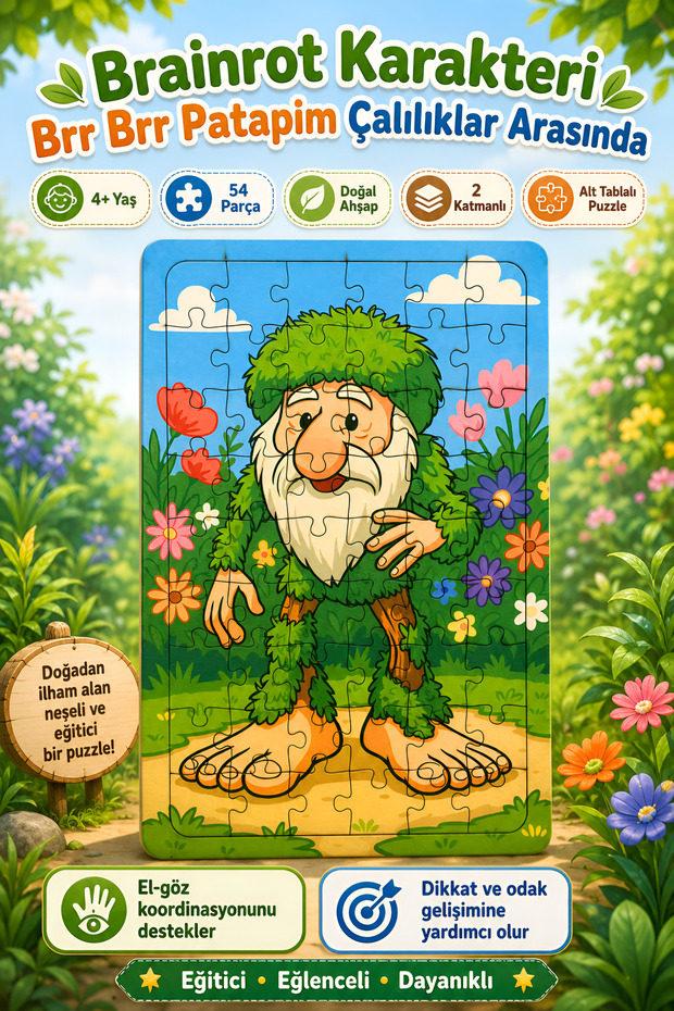 54 Piece Educational Wooden Puzzle & Jigsaw Puzzle Brr Brr Patapim Brainrot Character among the Greenery