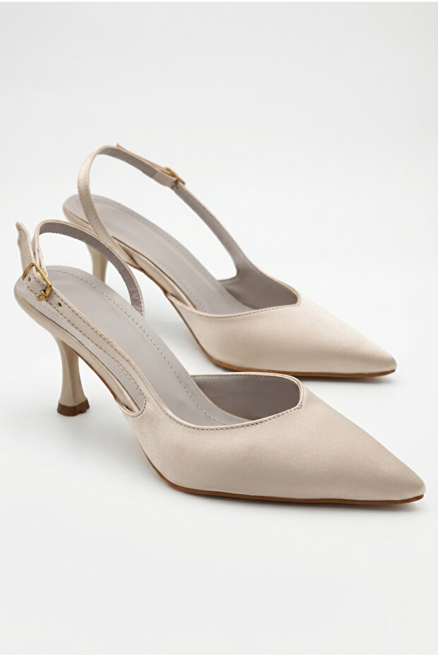 Women's Beige Satin Design Asymmetrical Strap Pointed Toe Thin Heeled Shoes