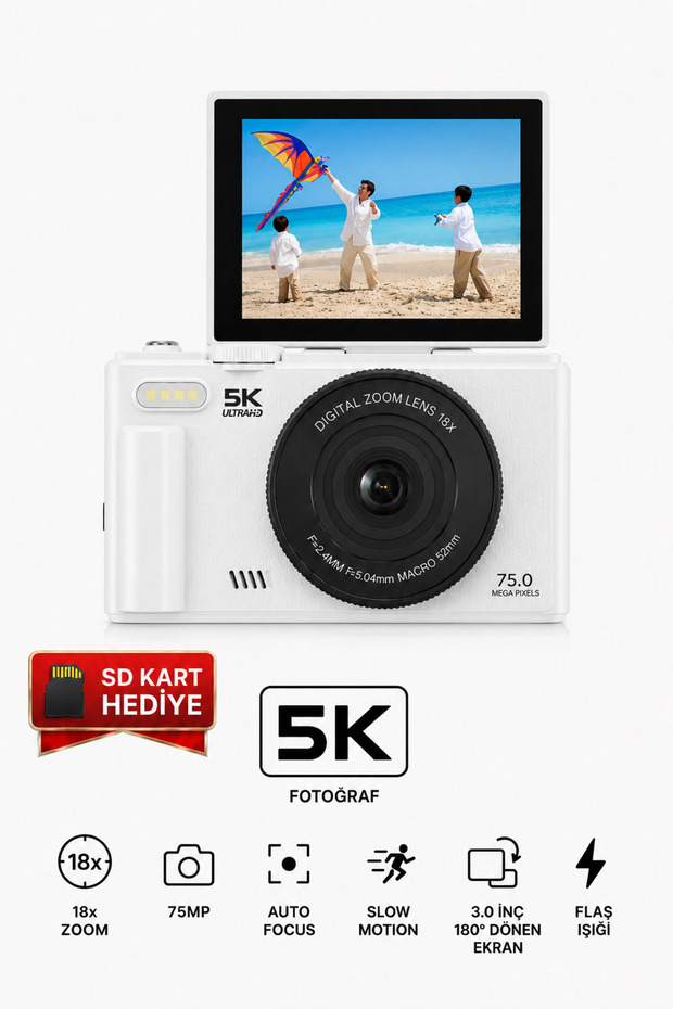 SEYUTECH 5K Dijital Video Kamera 75 MP 18X Zoom Flaşlı 3” Flip Ekranlı SD Kart Hediyeli Retro Vlog Fotoğraf Makinesi