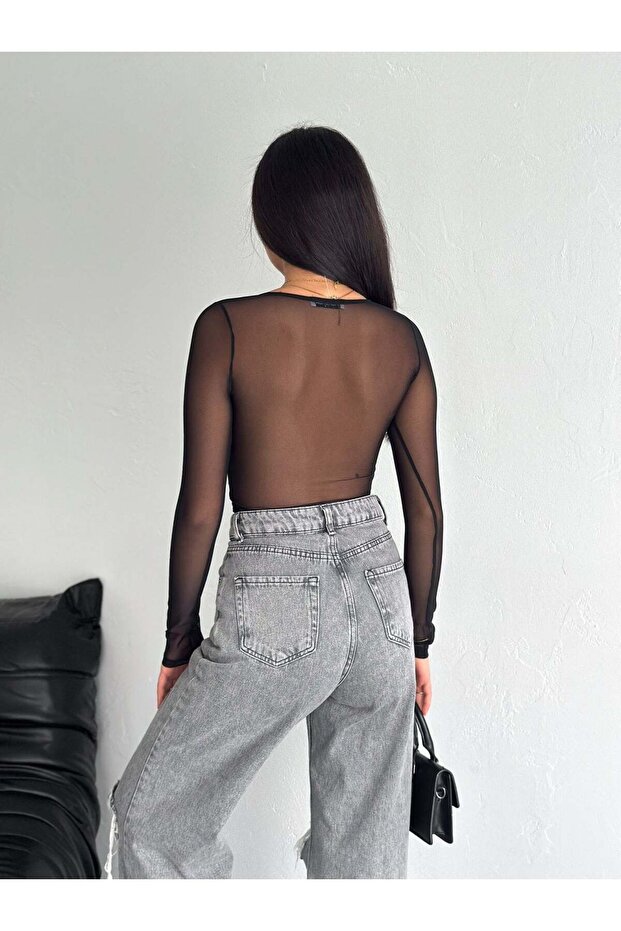 Square Neck Patterned Transparent Long Sleeve Blouse - 2