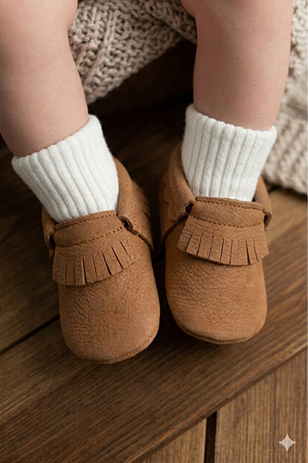 Newborn Baby Leather Fringed Brown First Step Shoes