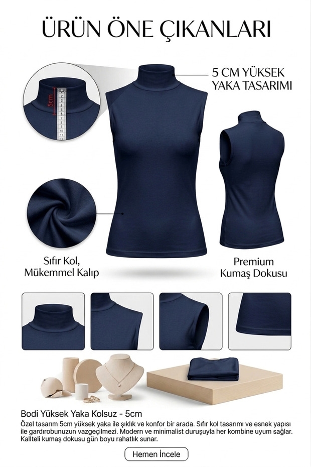 Women's Zero Sleeve Half Turtleneck Combed Cotton Stretch Fabric Body - Navy Blue