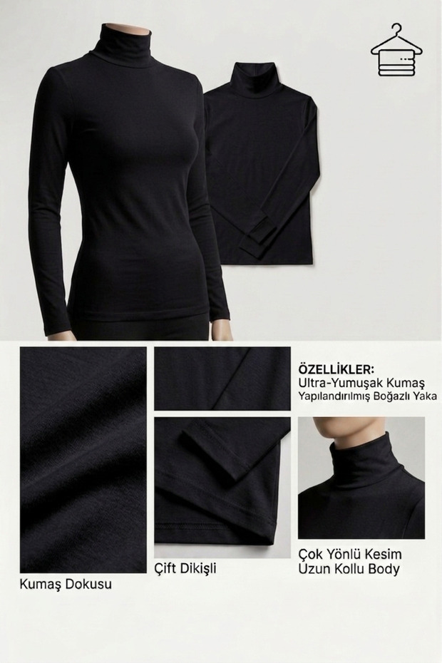 Women's Long Sleeve Half Turtleneck Combed Cotton Stretch Fabric Bodysuit - Black