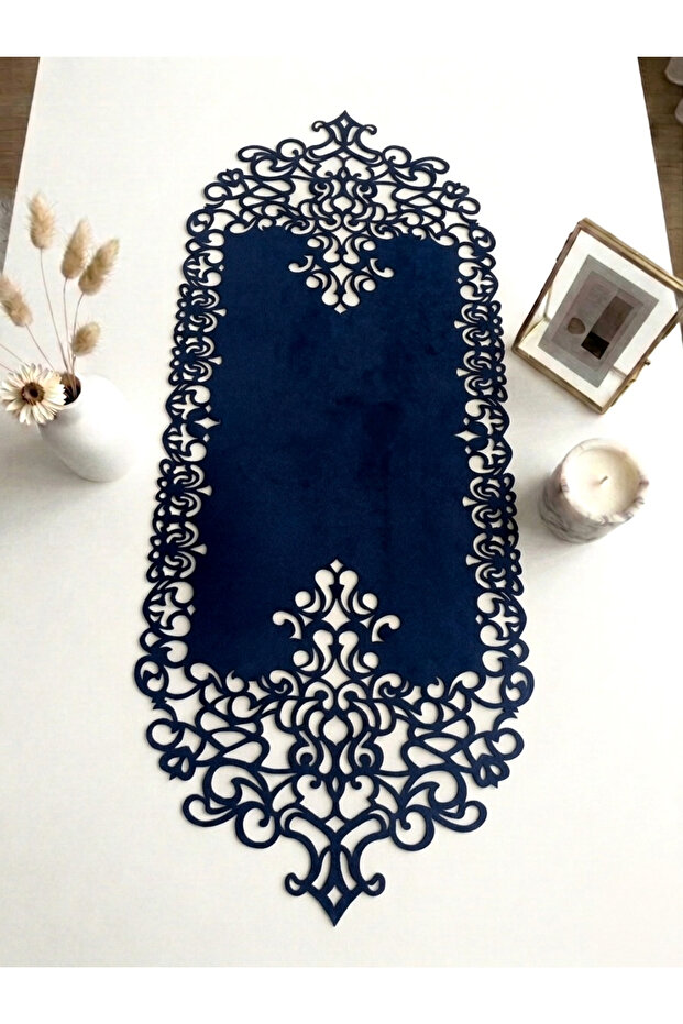 مفرش طاولة من قماش الجلد المدبوغ باللون الأزرق الداكن مقاس 40×100 سم بطول طاولة القهوة - تصميم عصري