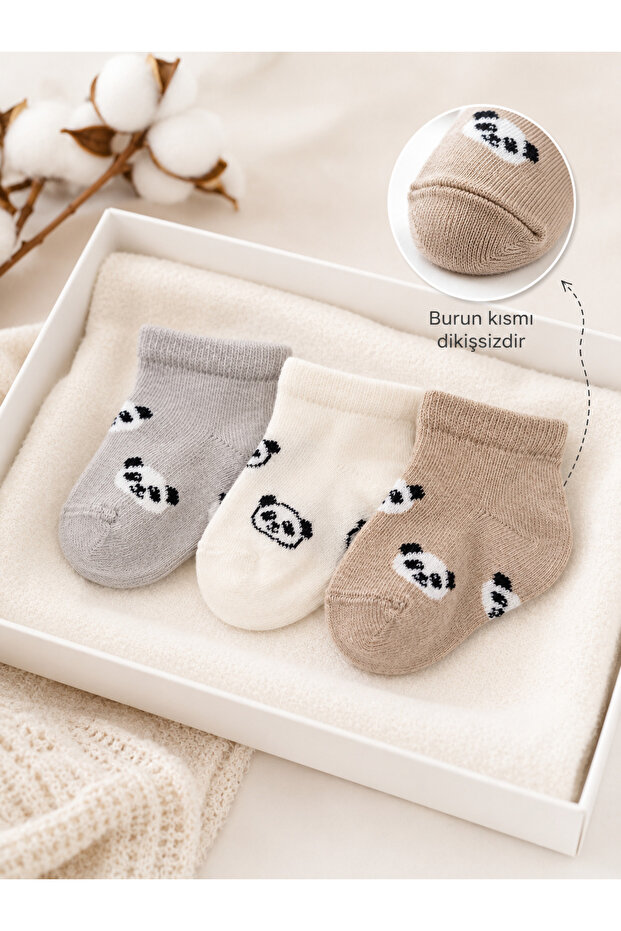 3-Pack Panda Baby Short Socks / Unisex Cotton Seamless Toe Socks