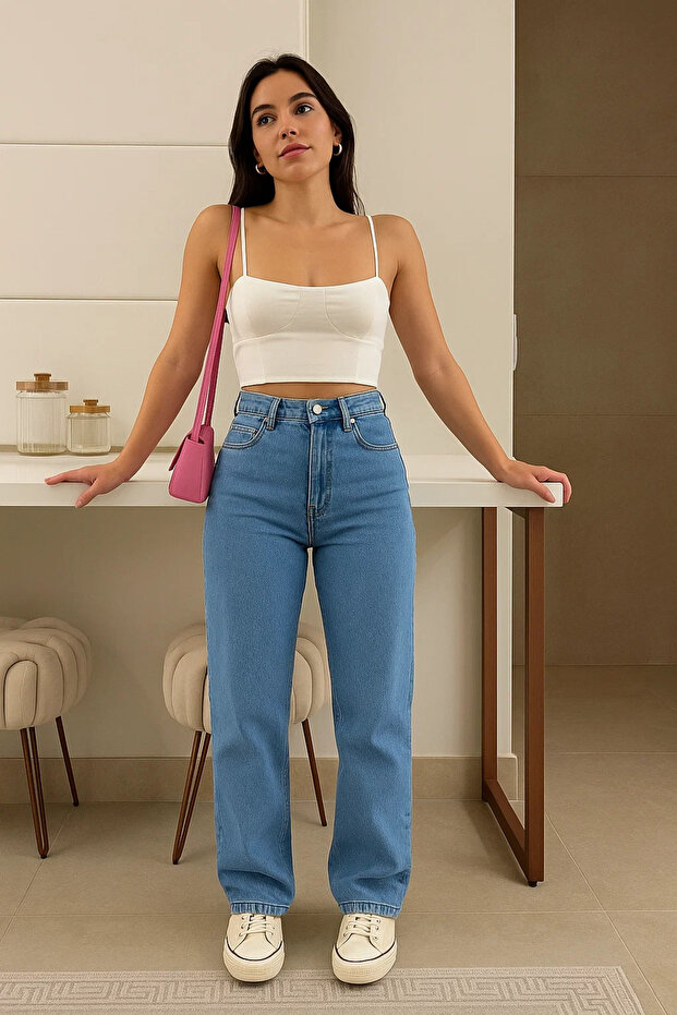 Women's Casual Denim Wide Leg Ice Blue Jeans
