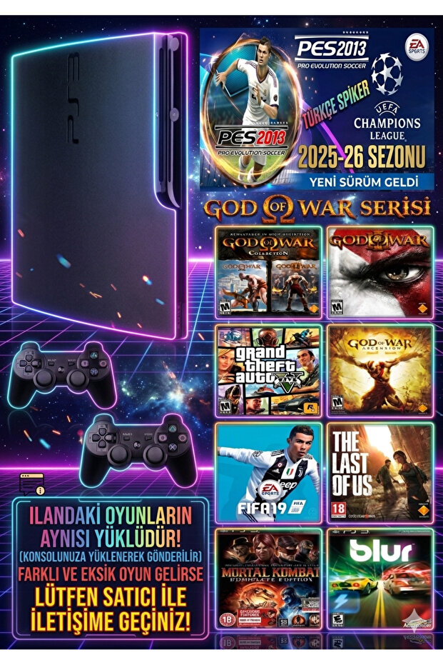AST Sony Playstation 3 Slim 500 Gb ( Yenilenmiş ) 2 Kablosuz Kol 40 Dijital Oyun Garantili Ürün