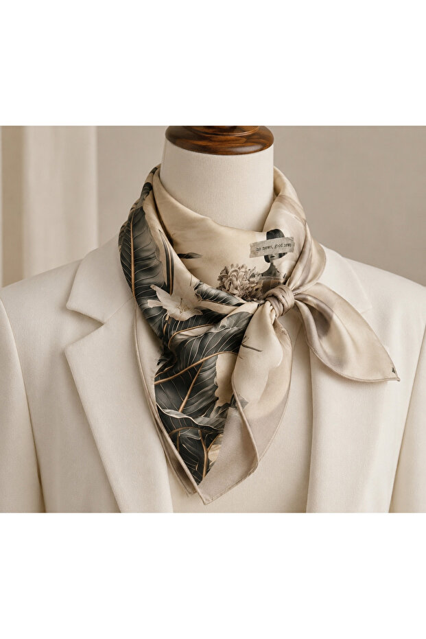 Silk Satin Scarf with Leaf and Female Figure