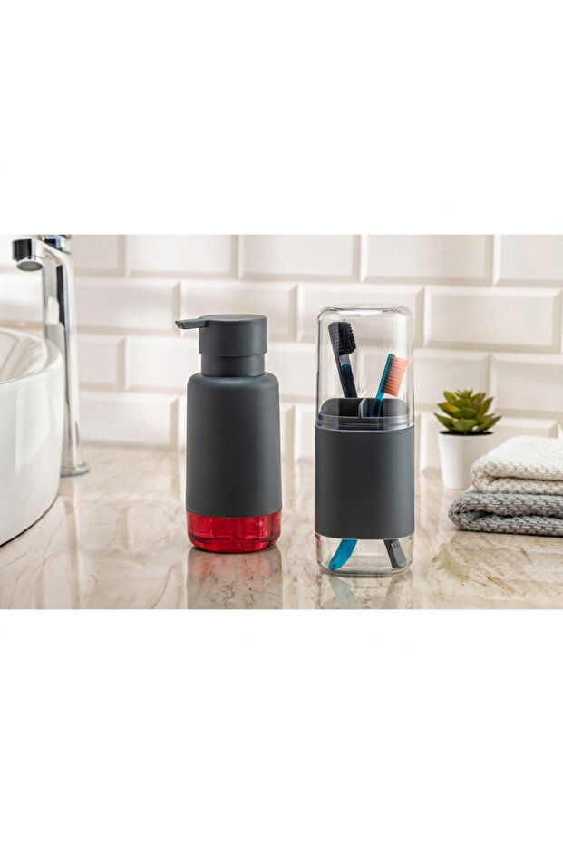 Set of 2 Liquid Soap Dispenser and Toothbrush Holder