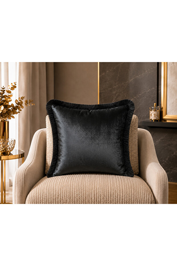 Exclusive Imported Atlas Black Color Tufted Throw Pillow Cover 43X43 cm
