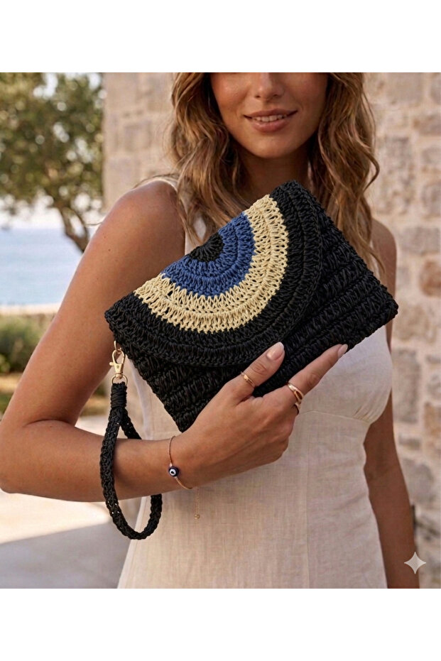 Paper String Portfolio Bag Black Straw Handbag Portfolio, Clutch Bag