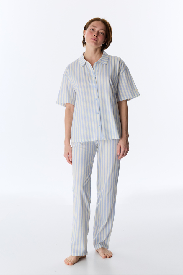 Penti Mavi Cozy Club Pamuklu Çizgili Gömlek Pantolon Pijama Takımı