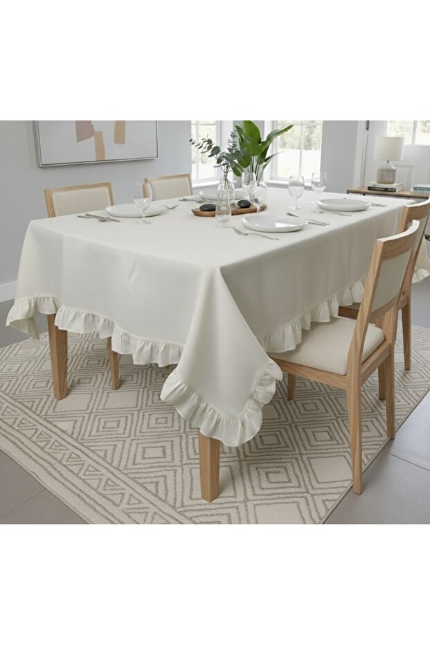 100% Raw Cotton Linen Ruffled Tablecloth - Kitchen and Living Room Tablecloth