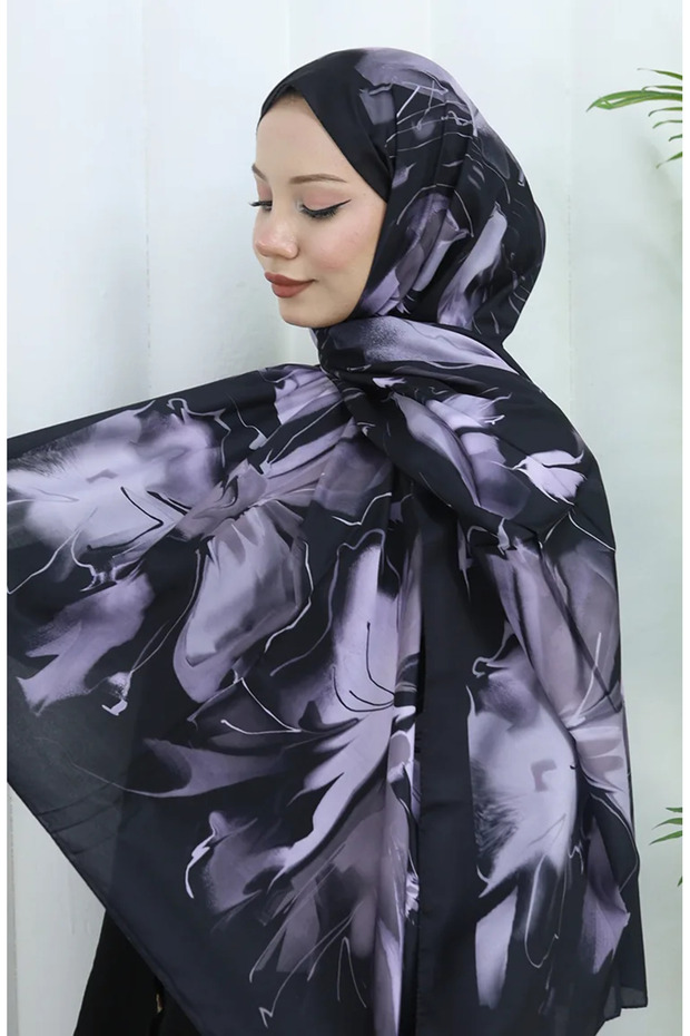 شال ناعم منقوش 70316-05 أسود رمادي