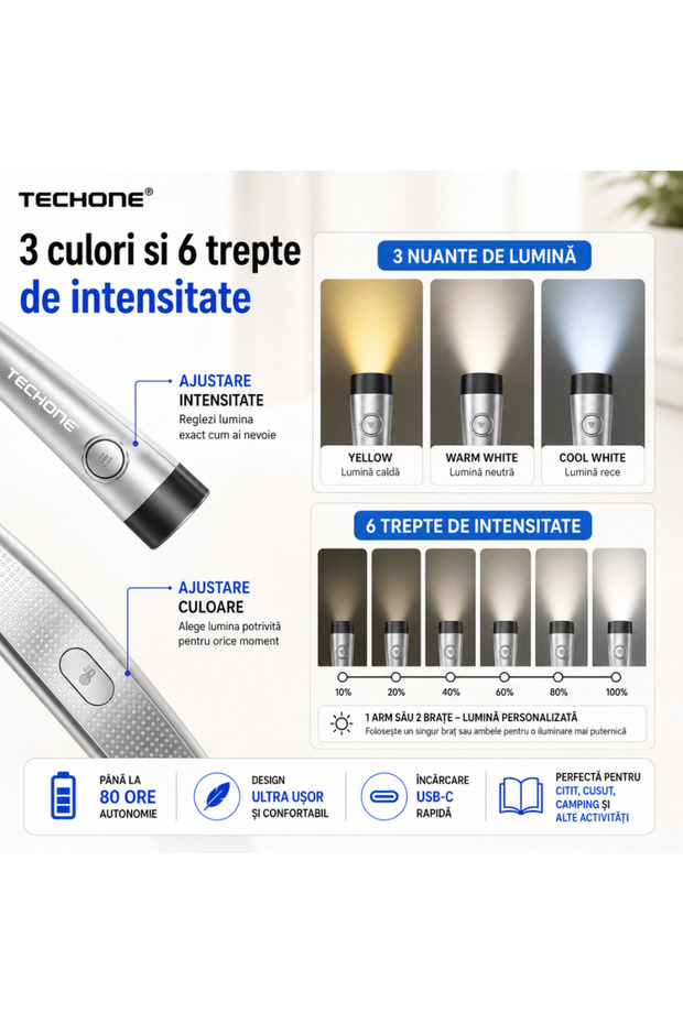 Pro Reader Neck Lamp for Reading, 2 x Super Bright LED, 3 Colors, 6 Intensity Levels, Black - 4