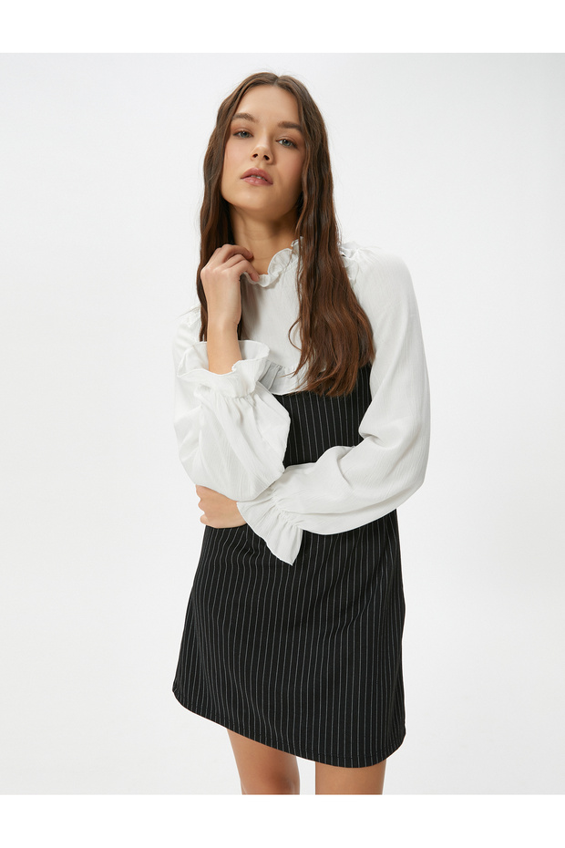 Mini Dress Double Fabric Use Ruffle Stand Collar Color Contrast Long Sleeve