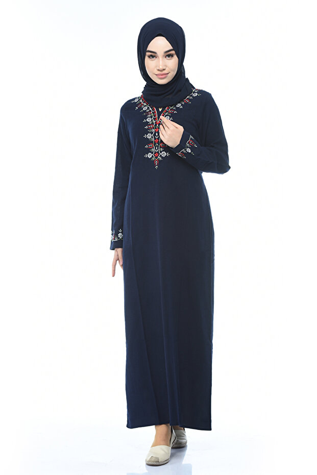 Shile Fabric Embroidered Dress 0074-03 Navy Blue