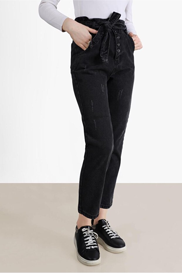 Women's Black Paperbag Denim Pants 214