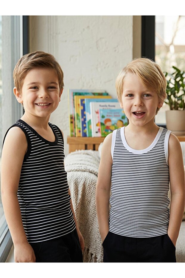Striped 2-Piece Undershirt Set for Boys Ages 2-10 - Standard for 8-9 Years Old