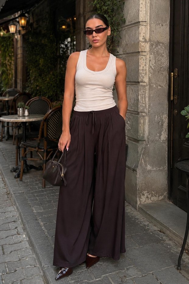 Acı Kahve High Waist Pleated Relaxed Cut Women's Sweatpants Mg2823