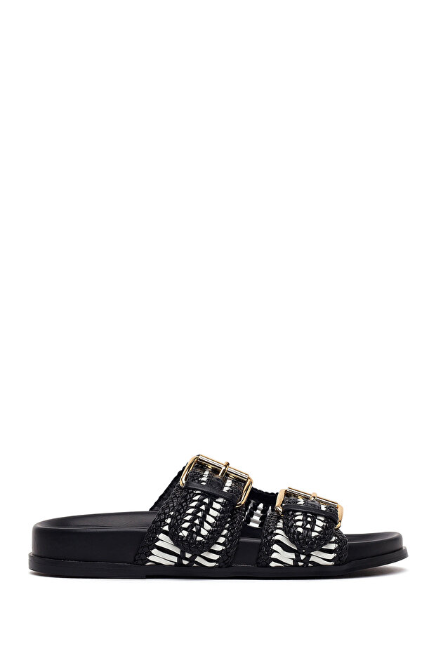Women's Black Double Buckle Braided Slippers 26Sfd441929